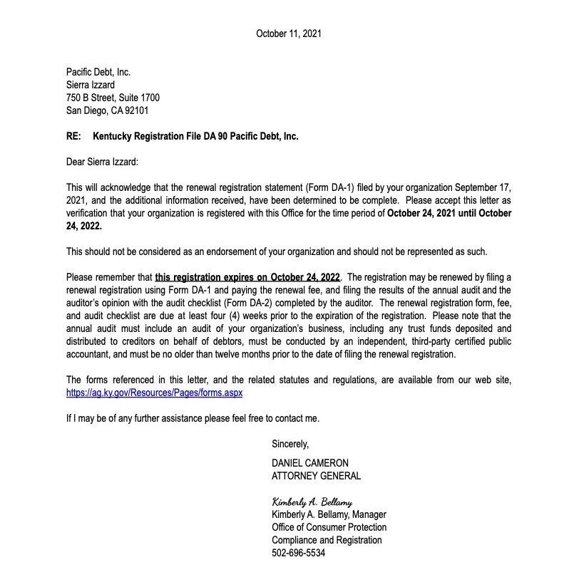 Kentucky Debt Relief Compliance Registration License